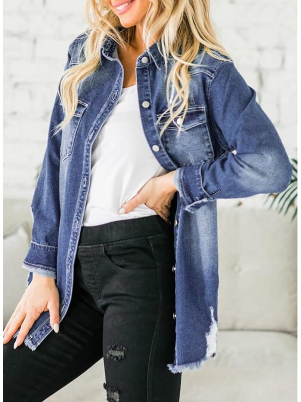 Women's Blue Button Down Oversized Distressed Boyfriend Jean Jacket Fall Outfits - Picture 3 of 6